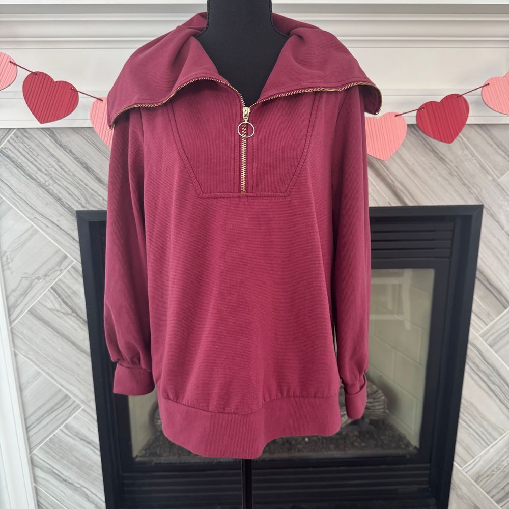 EFAN Cozy Burgundy Quarter-Zip Pullover Sweater Oversized Collar Gold‎ Hardware